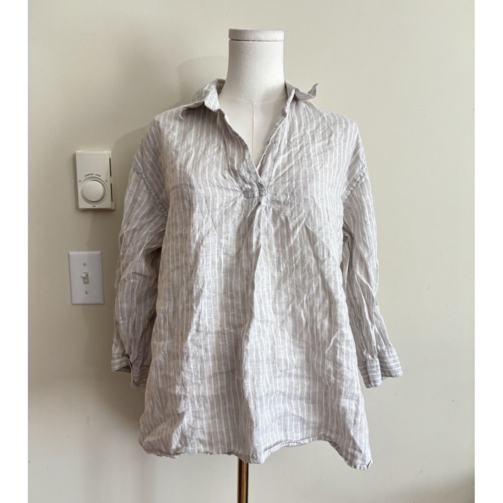 Uniqlo Womens Large Popover Collared Top Linen Neutral Beige Minimalist Chic XL